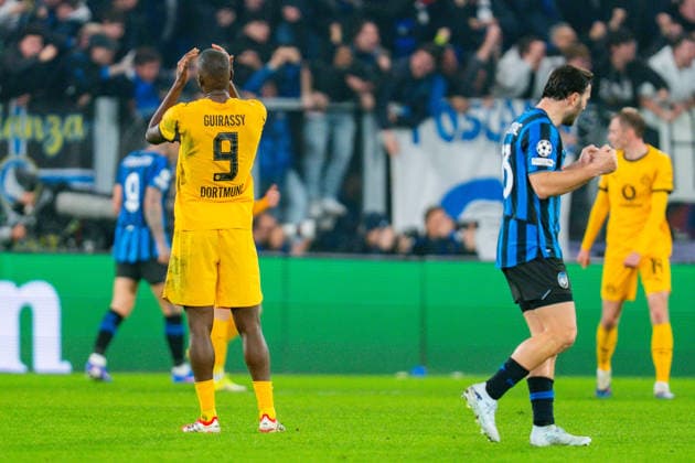 25 02 2026, Atalanta Bergamo vs Borussia Dortmund, UEFA Champions League, Playoffs second leg Goal for 2 0 by Davide Zappacosta Atalanta Bergamo Sead Kolasinac Atalanta Bergamo Serhou Guirassy Borussia Dortmund, 9 Regulations prohibit any use of photographs as image sequences and or quasi video Copyright: xBahhoxKarax