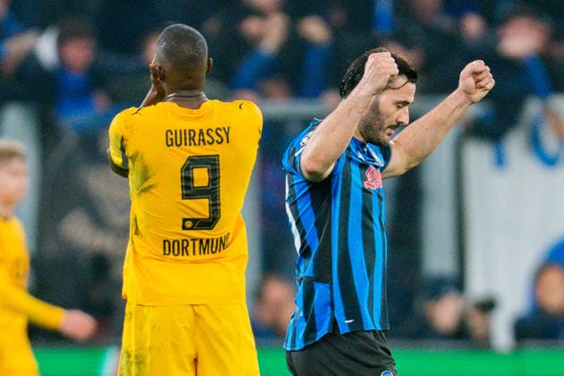 25 02 2026, Atalanta Bergamo vs Borussia Dortmund, UEFA Champions League, Playoffs second leg Goal for 2 0 by Davide Zappacosta Atalanta Bergamo Sead Kolasinac Atalanta Bergamo Serhou Guirassy Borussia Dortmund, 9 Regulations prohibit any use of photographs as image sequences and or quasi video Copyright: xBahhoxKarax