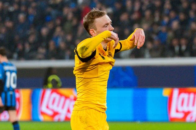 25 02 2026, Atalanta Bergamo vs Borussia Dortmund, UEFA Champions League, Playoffs second leg Maximilian Beier Borussia Dortmund, 14 Regulations prohibit any use of photographs as image sequences and or quasi video Copyright: xBahhoxKarax
