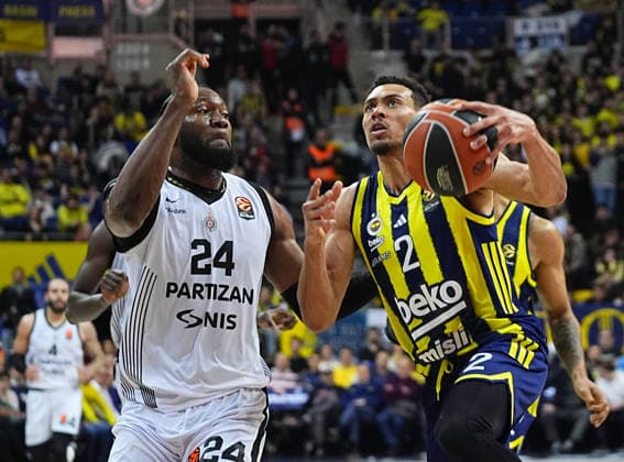 Fenerbahce Beko v Partizan - EuroLeague ISTANBUL, TURKIYE - FEBRUARY 25: Wade Baldwin (2) of Fenerbahce Beko in action against Bruno Fernando (24) of Partizan during EuroLeague week 29 basketball match between Fenerbahce Beko and Partizan at Ulker Sports and Event Hall in Istanbul, Turkiye on February 25, 2026. Esra Bilgin Anadolu Istanbul Turkey. Editorial use only. Please get in touch for any other usage.  Copyright: x2026xAnadoluxEsraxBilginx