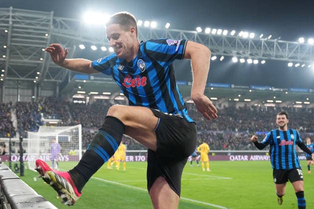 Atalanta s Mario Pasalic celebrates after scoring 3-0 during the Uefa Champions League soccer match between Atalanta and Borussia Dortmund at the New Balance Stadium in Bergamo , north Italy - Wednesday , February 25 , 2026. - Soccer .  Copyright: xSpada LaPressex