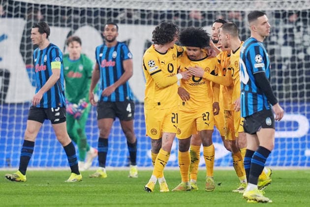 Dortmund s Karim Adeyemi celebrates after scoring 3-1 during the Uefa Champions League soccer match between Atalanta and Borussia Dortmund at the New Balance Stadium in Bergamo , north Italy - Wednesday , February 25 , 2026. - Soccer .  Copyright: xSpada LaPressex