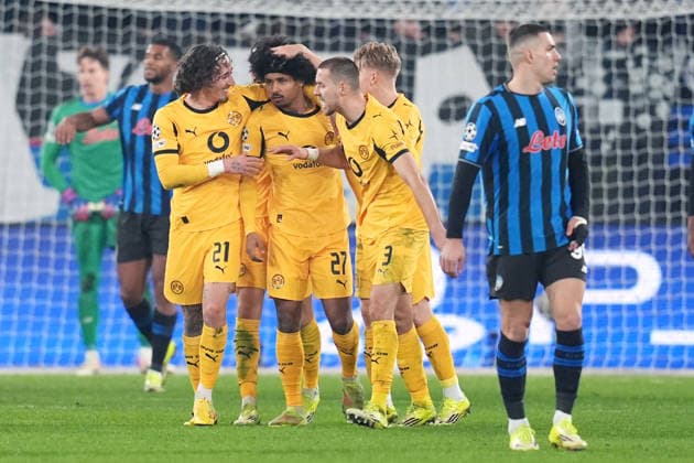 Dortmund s Karim Adeyemi celebrates after scoring 3-1 during the Uefa Champions League soccer match between Atalanta and Borussia Dortmund at the New Balance Stadium in Bergamo , north Italy - Wednesday , February 25 , 2026. - Soccer .  Copyright: xSpada LaPressex