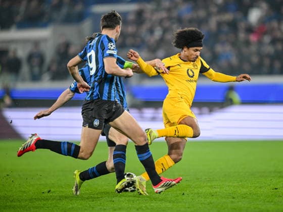 Berat Djimsiti Atalanta BC , Marten de Roon Atalanta BC and Karim Adeyemi Borussia Dortmund battle for the ball during the UEFA Champions League 2025 26 League Knockout Play off Second Leg match between Atalanta BC and Borussia Dortmund at Stadio di Bergamo on February 25, 2026 in Bergamo, Italy Photo by Harry Langer DeFodi Images