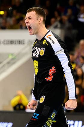 Coburg HBL 25 26 HSC 2000 Coburg SG BBM Bietigheim Goalkeeper Fabian Apfel Coburg Jubel Freude Emotion Coburg HUK Coburg Arena Germany