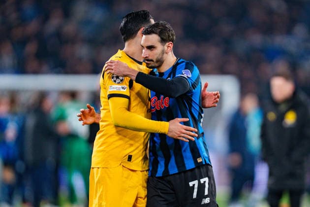 25 02 2026, Atalanta Bergamo vs Borussia Dortmund, UEFA Champions League, Playoffs second leg Emre Can Borussia Dortmund, 23 Davide Zappacosta Atalanta Bergamo Regulations prohibit any use of photographs as image sequences and or quasi video Copyright: xBahhoxKarax