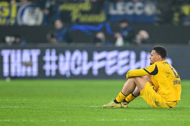 Felix Nmecha Borussia Dortmund looks dejected during the UEFA Champions League 2025 26 League Knockout Play off Second Leg match between Atalanta BC and Borussia Dortmund at Stadio di Bergamo on February 25, 2026 in Bergamo, Italy Photo by Harry Langer DeFodi Images