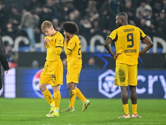 Daniel Svensson Borussia Dortmund , Karim Adeyemi Borussia Dortmund and Serhou Guirassy Borussia Dortmund look dejected during the UEFA Champions League 2025 26 League Knockout Play off Second Leg match between Atalanta BC and Borussia Dortmund at Stadio di Bergamo on February 25, 2026 in Bergamo, Italy Photo by Harry Langer DeFodi Images