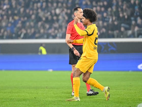 Karim Adeyemi Borussia Dortmund celebrates after scoring his team s first goal during the UEFA Champions League 2025 26 League Knockout Play off Second Leg match between Atalanta BC and Borussia Dortmund at Stadio di Bergamo on February 25, 2026 in Bergamo, Italy Photo by Harry Langer DeFodi Images