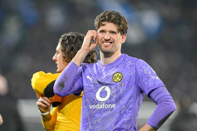 Goalkeeper Gregor Kobel Borussia Dortmund looks dejected during the UEFA Champions League 2025 26 League Knockout Play off Second Leg match between Atalanta BC and Borussia Dortmund at Stadio di Bergamo on February 25, 2026 in Bergamo, Italy Photo by Harry Langer DeFodi Images