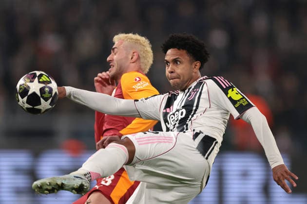 Turin, Italy, 25th February 2026. Weston McKennie of Juventus clears from Baris Alper Yilmaz of Galatasaray SK during the Juventus vs Galatasaray UEFA Champions League Knockout Play Off 2nd Leg match at Allianz Stadium, Turin. Picture credit should read: Jonathan Moscrop Sportimage EDITORIAL USE ONLY. No use with unauthorised audio, video, data, fixture lists, club league logos or live services. Online in-match use limited to 120 images, no video emulation. No use in betting, games or single club league player publications. SPI_002_JUVE_GALATASARAY_UCL_ SPI-4551-0002