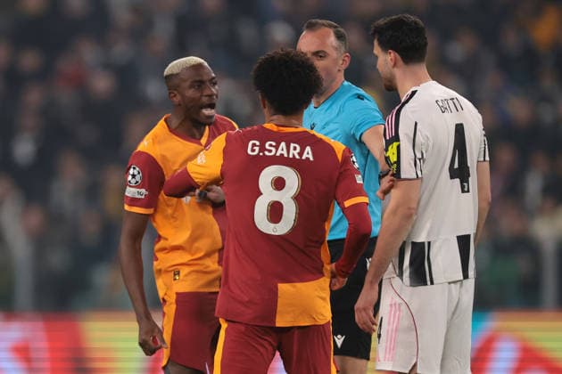Turin, Italy, 25th February 2026. Tempers flare between Victor Osimhen of Galatasaray SK and Federico Gatti of Juventus during the Juventus vs Galatasaray UEFA Champions League Knockout Play Off 2nd Leg match at Allianz Stadium, Turin. Picture credit should read: Jonathan Moscrop Sportimage EDITORIAL USE ONLY. No use with unauthorised audio, video, data, fixture lists, club league logos or live services. Online in-match use limited to 120 images, no video emulation. No use in betting, games or single club league player publications. SPI_003_JUVE_GALATASARAY_UCL_ SPI-4551-0003