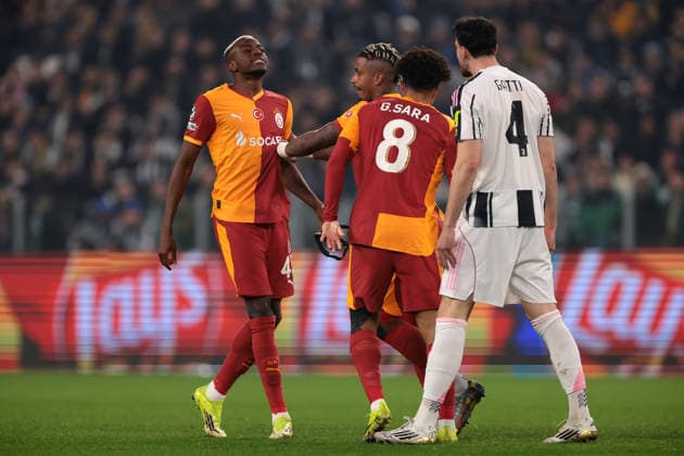 Turin, Italy, 25th February 2026. Tempers flare between Victor Osimhen of Galatasaray SK and Federico Gatti of Juventus during the Juventus vs Galatasaray UEFA Champions League Knockout Play Off 2nd Leg match at Allianz Stadium, Turin. Picture credit should read: Jonathan Moscrop Sportimage EDITORIAL USE ONLY. No use with unauthorised audio, video, data, fixture lists, club league logos or live services. Online in-match use limited to 120 images, no video emulation. No use in betting, games or single club league player publications. SPI_004_JUVE_GALATASARAY_UCL_ SPI-4551-0004