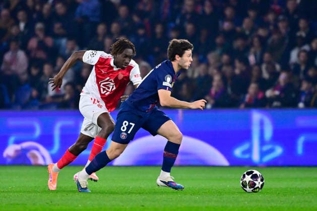 FOOTBALL : PSG vs Monaco - Ligue des Champions - 25 02 2026 Joao Pedro Goncalves Neves ( 87 - PSG ) and Mamadou Coulibaly ( 28 - Monaco ) during the UEFA Champions League match between Paris Saint Germain and AS Monaco at Parc Des Princes on February 25 , 2026 in Paris, France. ( Photo by Federico Pestellini PsnewZ ) ParisFrance  Copyright: xFedericoxPestellinix