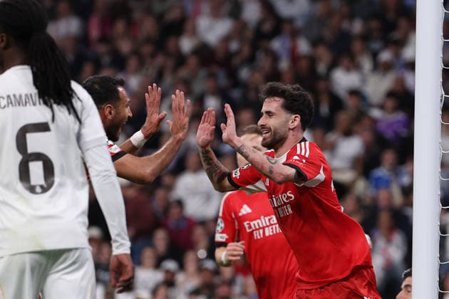 Madrid, Spain February 25, 2026 FBL UEFA Champions League 2025 26 Real Madrid SL Benfica Vangelis Pavlidis S L Benfica , Rafa S L Benfica celebrates after scoring a goal to 0 1 during the UEFA Champions League 2025 26 knockout play offs match between Real Madrid and SL Benfica at the Santiago BernabÃ u Stadium on February 25, 2026 in Madrid, Spain Copyright: JoaquimxFerreira