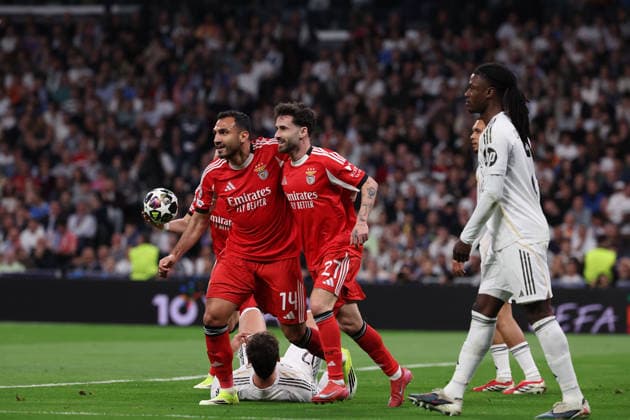 Madrid, Spain February 25, 2026 FBL UEFA Champions League 2025 26 Real Madrid SL Benfica Vangelis Pavlidis S L Benfica , Rafa S L Benfica celebrates after scoring a goal to 0 1 during the UEFA Champions League 2025 26 knockout play offs match between Real Madrid and SL Benfica at the Santiago BernabÃ u Stadium on February 25, 2026 in Madrid, Spain Copyright: JoaquimxFerreira