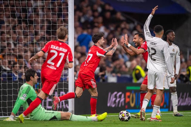 February 25, 2026, Madrid, Guimaraes, Spain: Rafa Silva of SL Benfica is seen celebrating his goal during the UEFA Champions League 2025 26 League Knockout Play-off Second Leg match between Real Madrid C.F. and SL Benfica at Estadio Santiago Bernabeu on February 25, 2026 in Madrid, Spain. Madrid Spain - ZUMAl192 20260225_zsp_l192_023 Copyright: xMiguelxLemosx