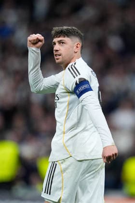 February 25, 2026, Madrid, Madrid, Spain: Federico Valverde of Real Madrid CF celebrates a goal scored by Aurelien Tchouameni of Real Madrid CF during the UEFA Champions League 2025 26 KO play-offs Second Leg match between Real Madrid and SL Benfica at Bernabeu stadium on February 25, 2026, in Madrid, Spain. Real Madrid V SL Benfica - UEFA Champions League 2025 26 KO Play-Offs Second Leg  - ZUMAa181 20260225_zaa_a181_064 Copyright: xDennisxAgyemanx