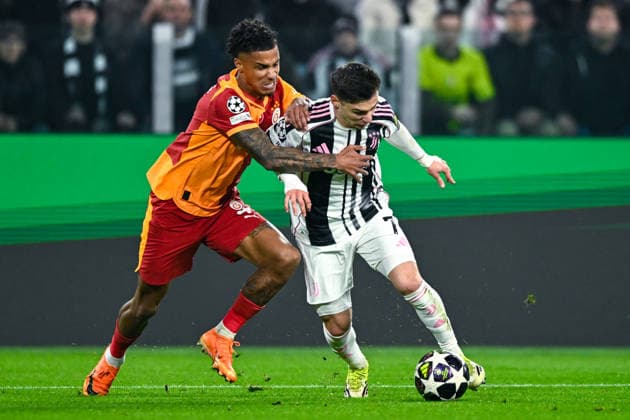 2026-02-25 Juventus FC v Galatasaray - UEFA Champions League 2025 26 League Knockout Play-off Second Leg TURIN, ITALY - FEBRUARY 25: Ismail Jakobs of Galatasaray SK battles for the ball with Francisco Conceicao of Juventus FC during the UEFA Champions League 2025 26 League Knockout Play-off Second Leg match between Juventus FC and Galatasaray at Allianz Stadium on February 25, 2026 in Turin, Italy. (Photo by Alberto Gandolfo BSR Agency) Turin Italy Content not available for redistribution in The Netherlands directly or indirectly through any third parties. Copyright: xBSRxAgencyx