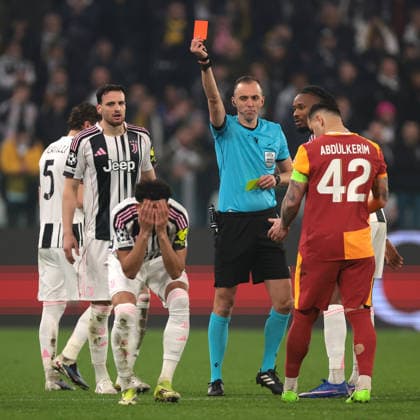 Turin, Italy, 25th February 2026. Lloyd Kelly of Juventus reacts as he is shown a red card by the Referee Joao Pinheiro of Portugal during the Juventus vs Galatasaray UEFA Champions League Knockout Play Off 2nd Leg match at Allianz Stadium, Turin. Picture credit should read: Jonathan Moscrop Sportimage EDITORIAL USE ONLY. No use with unauthorised audio, video, data, fixture lists, club league logos or live services. Online in-match use limited to 120 images, no video emulation. No use in betting, games or single club league player publications. SPI_023_JUVE_GALATASARAY_UCL_ SPI-4551-0023