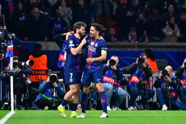 FOOTBALL : PSG vs Monaco - Ligue des Champions - 25 02 2026 Marquinhos ( 5 - PSG ) celebrates with teammates during the UEFA Champions League match between Paris Saint Germain and AS Monaco at Parc Des Princes on February 25 , 2026 in Paris, France. ( Photo by Federico Pestellini PsnewZ ) ParisFrance  Copyright: xFedericoxPestellinix