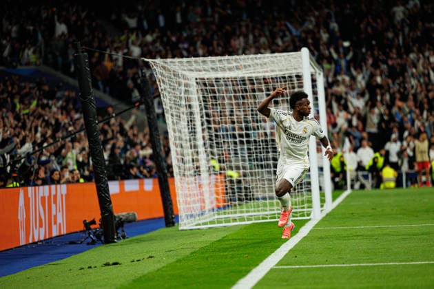 Vinicius Vini Junior seen celebrating after scoring goal during Champions League knock out play off game between teams of Real Madrid CF and SL Benfica (Maciej Rogowski Ball Raw Images) Madrid Bernabeu Spain Copyright: xMaciejxRogowskix maciejrogowski_real_benfica_2526-04