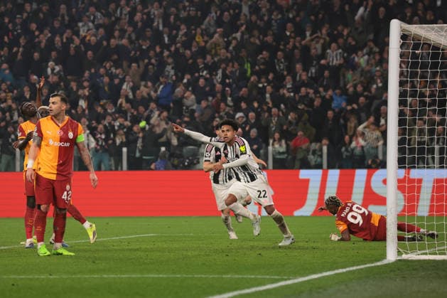 Turin, Italy, 25th February 2026. Weston McKennie of Juventus celebrates after scoring to give the hosts a 3-0 lead during the Juventus vs Galatasaray UEFA Champions League Knockout Play Off 2nd Leg match at Allianz Stadium, Turin. Picture credit should read: Jonathan Moscrop Sportimage EDITORIAL USE ONLY. No use with unauthorised audio, video, data, fixture lists, club league logos or live services. Online in-match use limited to 120 images, no video emulation. No use in betting, games or single club league player publications. SPI_033_JUVE_GALATASARAY_UCL_ SPI-4551-0033