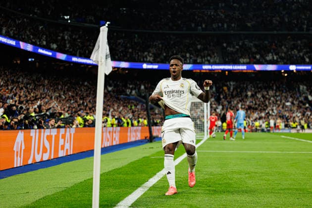 Vinicius Vini Junior seen celebrating after scoring goal during Champions League knock out play off game between teams of Real Madrid CF and SL Benfica (Maciej Rogowski Ball Raw Images) Madrid Bernabeu Spain Copyright: xMaciejxRogowskix maciejrogowski_real_benfica_2526-13