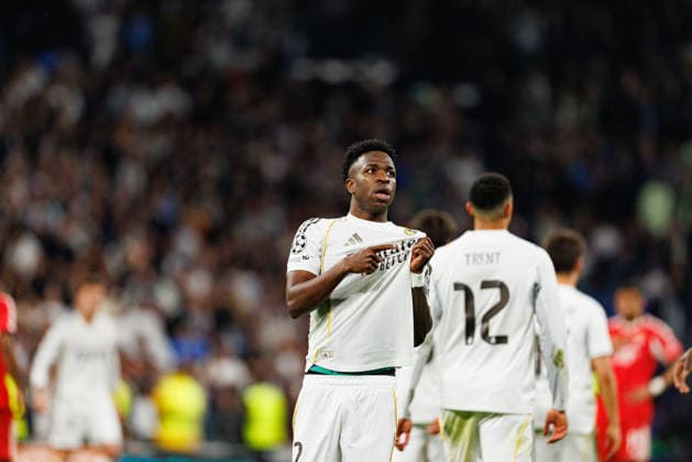 Vinicius Vini Junior seen celebrating after scoring goal during Champions League knock out play off game between teams of Real Madrid CF and SL Benfica (Maciej Rogowski Ball Raw Images) Madrid Bernabeu Spain Copyright: xMaciejxRogowskix maciejrogowski_real_benfica_2526-40
