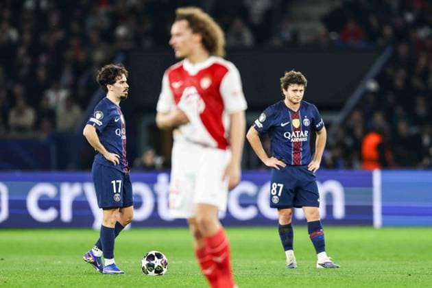 Paris Saint-Germain (PSG) v AS Monaco - UCL PARIS, FRANCE - FEBRUARY 25: PSG players are reacting after receiving a goal during the UEFA Champions League play-off second leg football match between Paris Saint-Germain (PSG) and AS Monaco at the Parc des Princes stadium in Paris. Ibrahim Ezzat Anadolu Paris France. Editorial use only. Please get in touch for any other usage.  Copyright: x2026xAnadoluxÄ°brahimxEzzatx