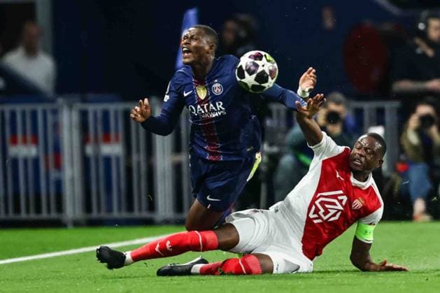 Paris Saint-Germain (PSG) v AS Monaco - UCL PARIS, FRANCE - FEBRUARY 25: Nuno Mendes of Paris Saint-Germain (L) and Denis Zakaria of AS Monaco during the UEFA Champions League play-off second leg football match between Paris Saint-Germain (PSG) and AS Monaco at the Parc des Princes stadium in Paris. Ibrahim Ezzat Anadolu Paris France. Editorial use only. Please get in touch for any other usage.  Copyright: x2026xAnadoluxÄ°brahimxEzzatx
