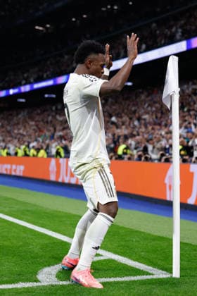 February 25, 2026, Madrid, Madrid, Spain: Vinicius Junior of Real Madrid CF celebrates a goal during the UEFA Champions League 2025 26 KO play-offs Second Leg match between Real Madrid and SL Benfica at Bernabeu stadium on February 25, 2026, in Madrid, Spain. Madrid Spain - ZUMAa181 20260225_zaa_a181_159 Copyright: xDennisxAgyemanx