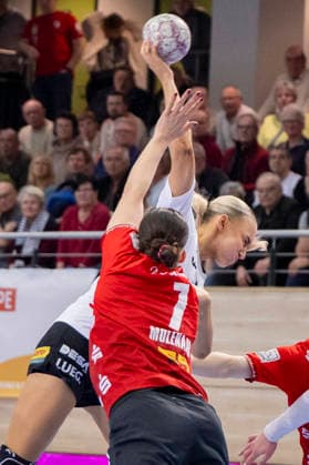 Handball Bundesliga Women,HBF, Season 2025 2026 SV Union Halle Neustadt vs BSV Sachsen Zwickau Halle, Germany February 25, 2026 In the picture from left in duel Lynn Molenaar Halle and Laura Penzes Zwickau Halle Saale SWH Arena Sachsen Anhalt Germany
