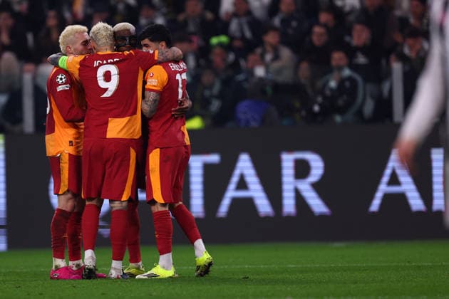 Victor Osimhen (Galatasaray SK) celebrates after scoring his team s first goal with team mates, UEFA Champions League 2025 26 League Knockout Play-off Second Leg, Juventus v Galatasaray A.S. - UEFA Champions League 2025 26 League Phase MD7, Allianz Stadium, February 25, 2026, Turin, Italy.