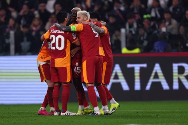 Victor Osimhen (Galatasaray SK) celebrates after scoring his team s first goal with team mates, UEFA Champions League 2025 26 League Knockout Play-off Second Leg, Juventus v Galatasaray A.S. - UEFA Champions League 2025 26 League Phase MD7, Allianz Stadium, February 25, 2026, Turin, Italy.