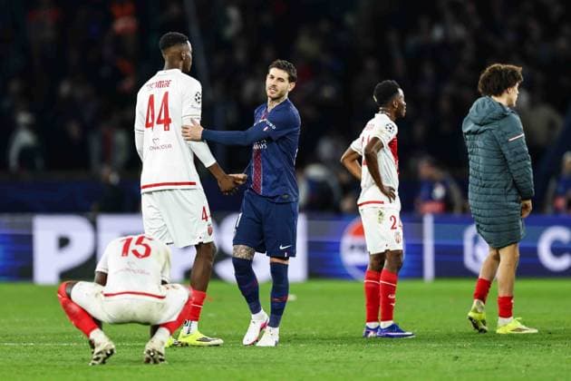 Paris Saint-Germain v AS Monaco - UCL PARIS, FRANCE - FEBRUARY 25: AS Monaco players are reacting during the UEFA Champions League play-off second leg football match between Paris Saint-Germain (PSG) and AS Monaco at the Parc des Princes stadium in Paris. Ibrahim Ezzat Anadolu Paris France. Editorial use only. Please get in touch for any other usage.  Copyright: x2026xAnadoluxÄ°brahimxEzzatx