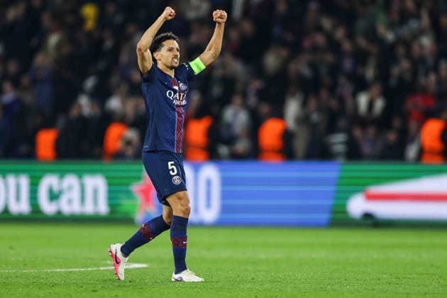 Paris Saint-Germain v AS Monaco - UCL PARIS, FRANCE - FEBRUARY 25: Marquinhos of Paris Saint-Germain is celebrating after scoring a goal during the UEFA Champions League play-off second leg football match between Paris Saint-Germain (PSG) and AS Monaco at the Parc des Princes stadium in Paris. Ibrahim Ezzat Anadolu Paris France. Editorial use only. Please get in touch for any other usage.  Copyright: x2026xAnadoluxÄ°brahimxEzzatx
