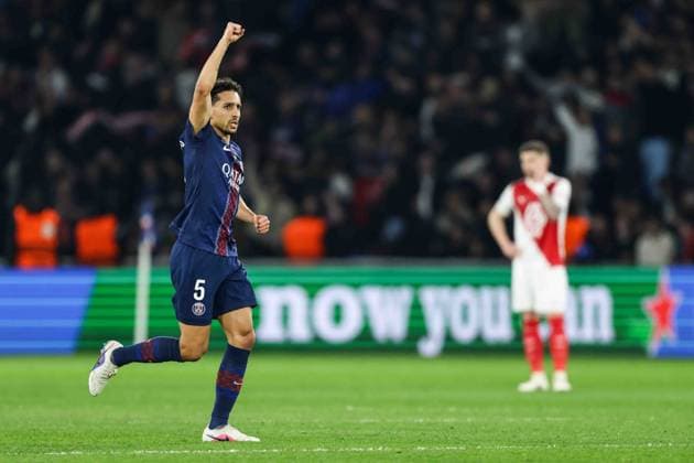 Paris Saint-Germain v AS Monaco - UCL PARIS, FRANCE - FEBRUARY 25: Marquinhos of Paris Saint-Germain is celebrating after scoring a goal during the UEFA Champions League play-off second leg football match between Paris Saint-Germain (PSG) and AS Monaco at the Parc des Princes stadium in Paris. Ibrahim Ezzat Anadolu Paris France. Editorial use only. Please get in touch for any other usage.  Copyright: x2026xAnadoluxÄ°brahimxEzzatx