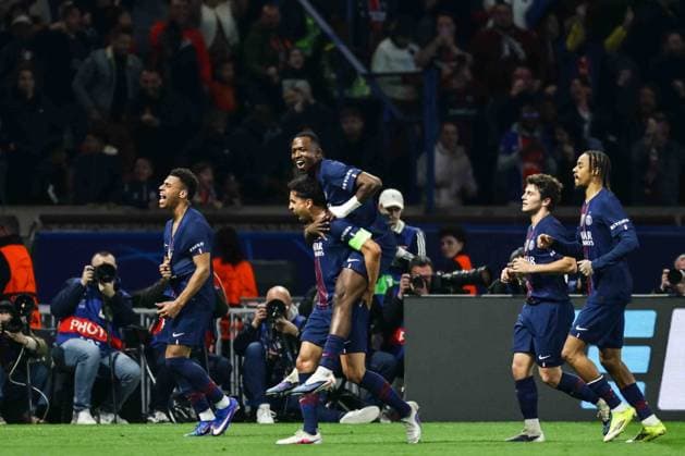 Paris Saint-Germain v AS Monaco - UCL PARIS, FRANCE - FEBRUARY 25: PSG players are celebrating after Marquinhos scoring a goal during the UEFA Champions League play-off second leg football match between Paris Saint-Germain (PSG) and AS Monaco at the Parc des Princes stadium in Paris. Ibrahim Ezzat Anadolu Paris France. Editorial use only. Please get in touch for any other usage.  Copyright: x2026xAnadoluxÄ°brahimxEzzatx