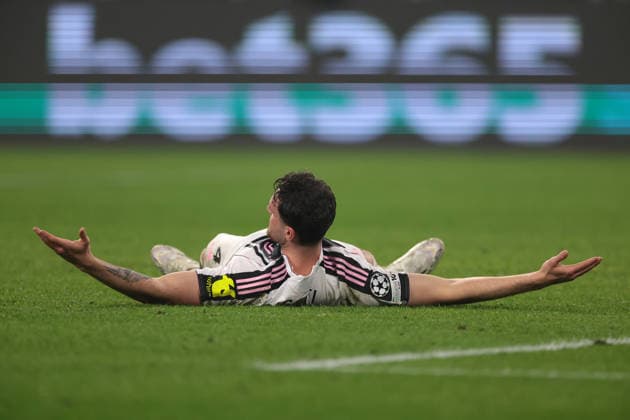Turin, Italy, 25th February 2026. Federico Gatti of Juventus reacts the Juventus vs Galatasaray UEFA Champions League Knockout Play Off 2nd Leg match at Allianz Stadium, Turin. Picture credit should read: Jonathan Moscrop Sportimage EDITORIAL USE ONLY. No use with unauthorised audio, video, data, fixture lists, club league logos or live services. Online in-match use limited to 120 images, no video emulation. No use in betting, games or single club league player publications. SPI_042_JUVE_GALATASARAY_UCL_ SPI-4551-0042