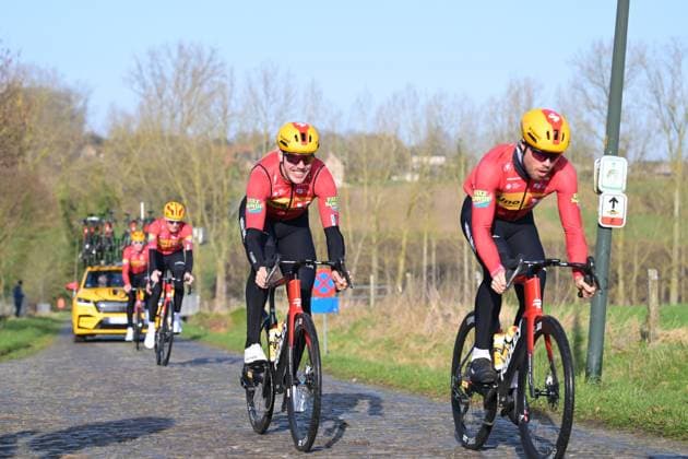 Uno-X Mobility riders pictured in action during a track reconnaissance session ahead of this weekend s one-day cycling race Omloop Het Nieuwsblad, the opening race of the Flemish classic one day races season, Thursday 26 February 2026. DAVIDxPINTENS  x165314782x