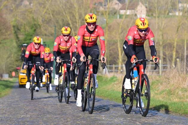 Uno-X Mobility riders pictured in action during a track reconnaissance session ahead of this weekend s one-day cycling race Omloop Het Nieuwsblad, the opening race of the Flemish classic one day races season, Thursday 26 February 2026. DAVIDxPINTENS  x165314796x