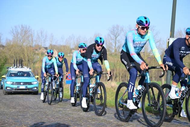 Decathlon CMA& 8239 and CGM Team riders pictured in action during a track reconnaissance session ahead of this weekend s one-day cycling race Omloop Het Nieuwsblad, the opening race of the Flemish classic one day races season, Thursday 26 February 2026. DAVIDxPINTENS  x165315067x