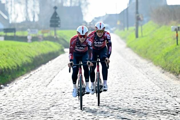 Omloop Het Nieuwsblad 2026 Cycling Race - Training session NINOVE, BELGIUM - FEBRUARY 26 : Grignard Sebastien (BEL) of Lotto - Intermarche and De Lie Arnaud (BEL) of Lotto - Intermarche during a training and reconnaissance session prior to the 81th edition of Omloop Het Nieuwsblad an UCI World Tour 1.UWT one day cycling road race for Men Elite of km with start in Ghent and finish in Ninove on February 26, 2026 in Ninove, Belgium, 26 02 2026 ( Motordriver Guy De Vuyst - Ninove Belgium  Copyright: xTomasxSiskx