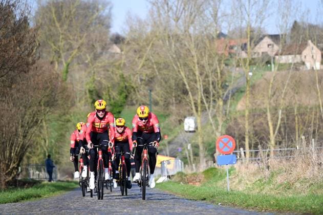 Uno-X Mobility riders pictured at the Haaghoek climb during a track reconnaissance session ahead of this weekend s one-day cycling race Omloop Het Nieuwsblad, the opening race of the Flemish classic one day races season, Thursday 26 February 2026. ELIASxROM  x165322680x