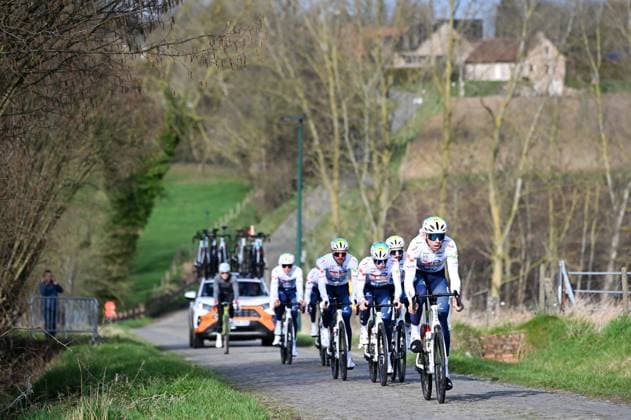 Team TotalEnergies riders pictured at the Haaghoek climb during a track reconnaissance session ahead of this weekend s one-day cycling race Omloop Het Nieuwsblad, the opening race of the Flemish classic one day races season, Thursday 26 February 2026. ELIASxROM  x165324082x