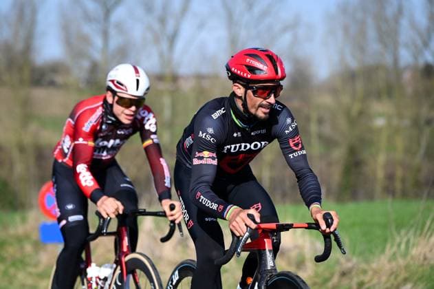 Belgian Arnaud De Lie of Lotto-Intermarche and French Julian Alaphilippe of Tudor Pro Cycling Team pictured at the Haaghoek climb during a track reconnaissance session ahead of this weekend s one-day cycling race Omloop Het Nieuwsblad, the opening race of the Flemish classic one day races season, Thursday 26 February 2026. ELIASxROM  x165328086x