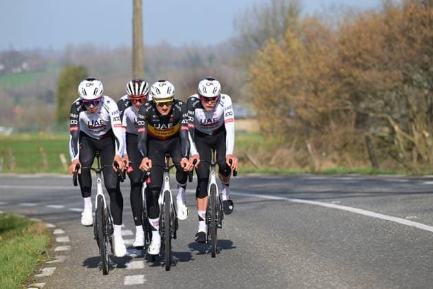 Belgian Tim Wellens of UAE Team Emirates-XRG (C) pictured in action during a track reconnaissance session ahead of this weekend s one-day cycling race Omloop Het Nieuwsblad, the opening race of the Flemish classic one day races season, Thursday 26 February 2026. DAVIDxPINTENS  x165328199x