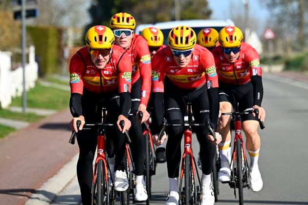 Omloop Het Nieuwsblad 2026 Cycling Race Media Activities 26 02 2026 NINOVE, BELGIUM - FEBRUARY 26 : riders of team Uno-X Mobility during a training and reconnaissance session prior to the 81th edition of Omloop Het Nieuwsblad an UCI World Tour 1.UWT one day cycling road race for Men Elite of km with start in Ghent and finish in Ninove on February 26, 2026 in Ninove, Belgium, 26 02 2026 ( Motordriver Guy De Vuyst - Ninove Belgium  Copyright: xTomasxSiskx