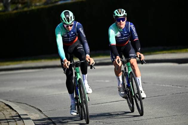 Omloop Het Nieuwsblad 2026 Cycling Race Media Activities 26 02 2026 NINOVE, BELGIUM - FEBRUARY 26 : riders of team Decathlon CMA CGM Team during a training and reconnaissance session prior to the 81th edition of Omloop Het Nieuwsblad an UCI World Tour 1.UWT one day cycling road race for Men Elite of km with start in Ghent and finish in Ninove on February 26, 2026 in Ninove, Belgium, 26 02 2026 ( Motordriver Guy De Vuyst - Ninove Belgium  Copyright: xTomasxSiskx
